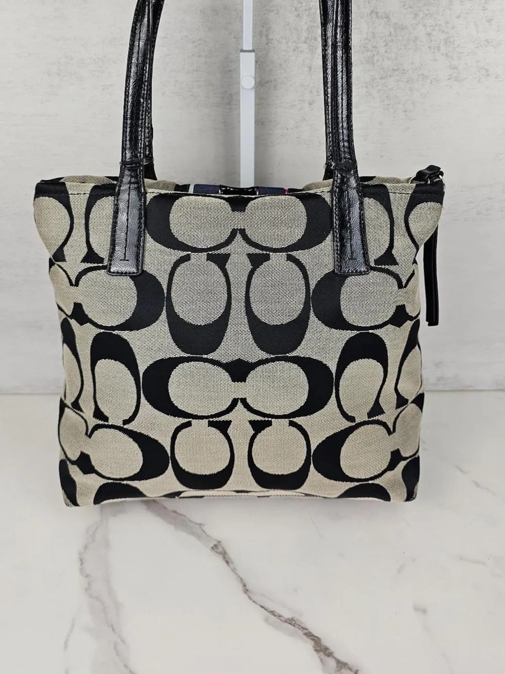 Coach Signature Tote in Black, Tan and Navy with Purple Stripe